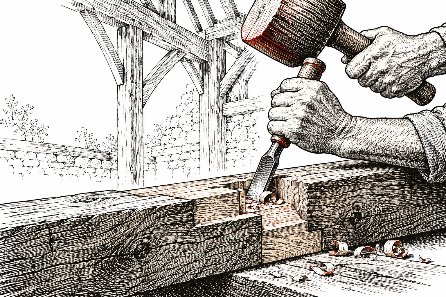 Engraved-style illustration of a craftsperson working an oak joint with a chisel and mallet